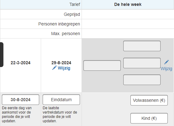 Klik op het vakje 'Eerste aankomstdatum' om de datum in te voeren waar vanaf dit tarief van toepassing is, en voer ook de 'Einddatum' in. Zo dek je bijvoorbeeld je hoogseizoen.