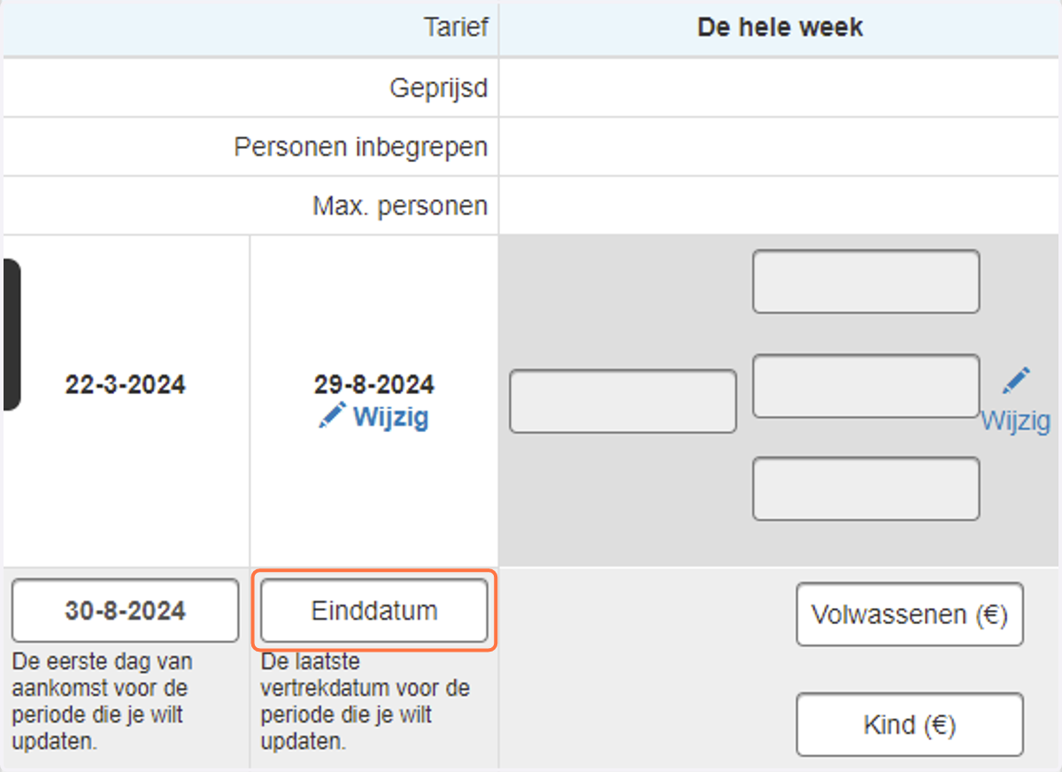 Klik op het vakje 'Eerste aankomstdatum' om de datum in te voeren waar vanaf dit tarief van toepassing is, en voer ook de 'Einddatum' in. Zo dek je bijvoorbeeld je hoogseizoen.