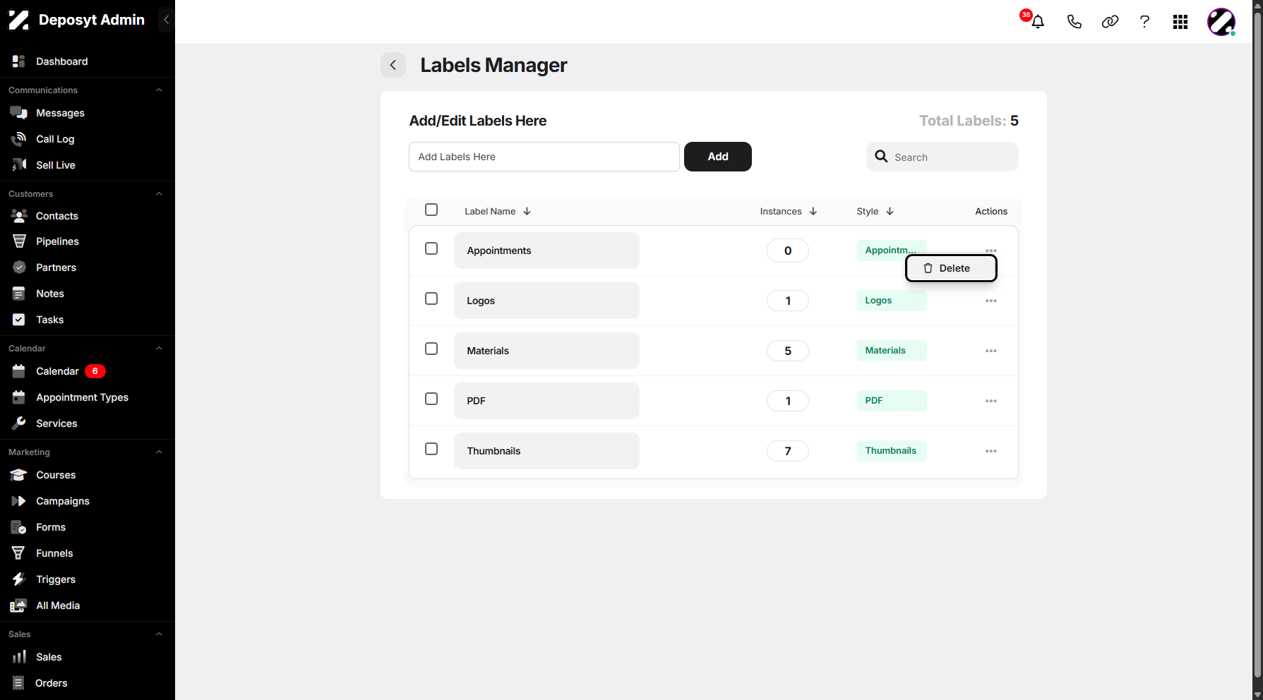 Step 12: Alternatively, you can click the three-dot menu on the selected label to delete it.