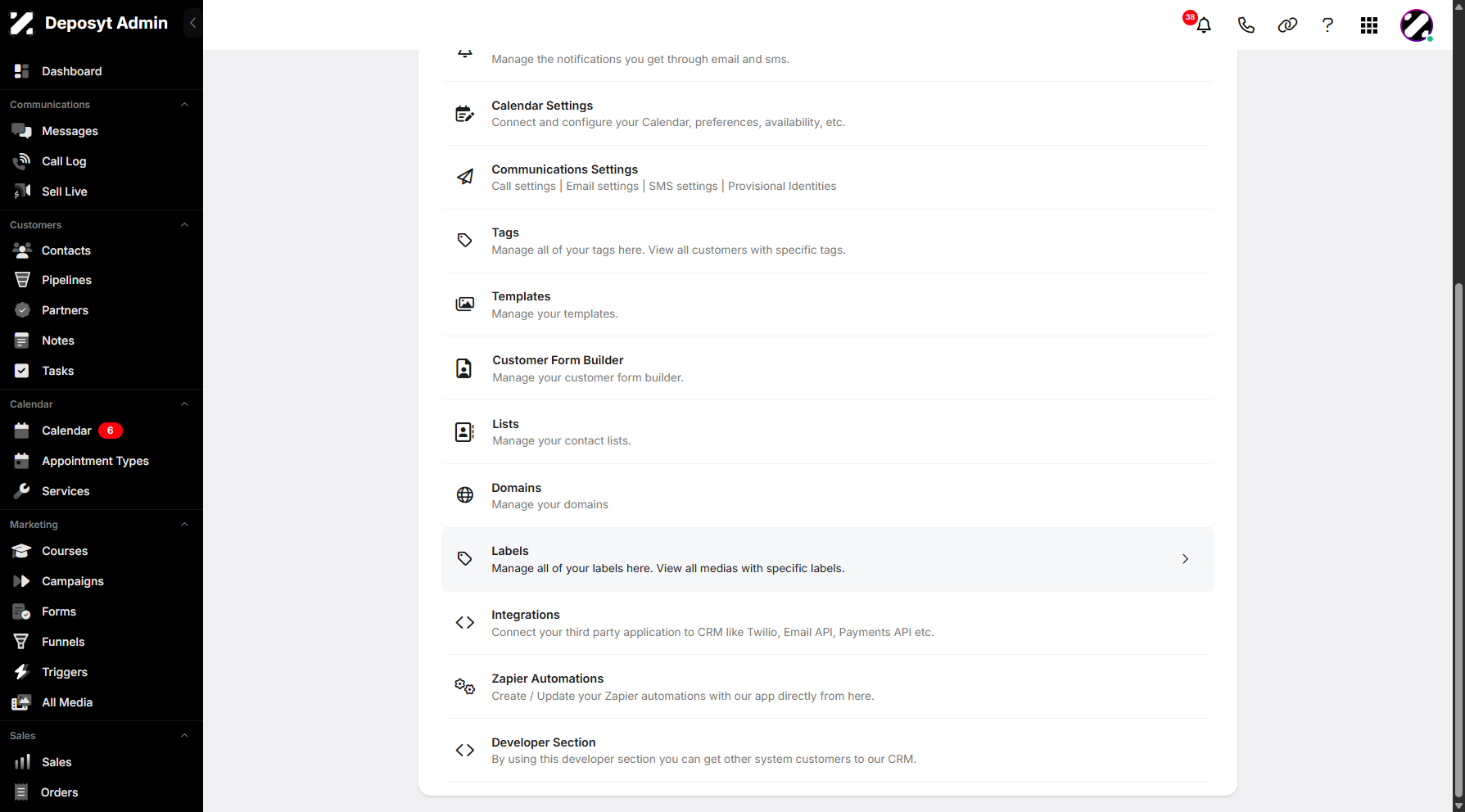 Step 3: You will then be taken to the Settings page. Scroll down and click on Labels to continue.