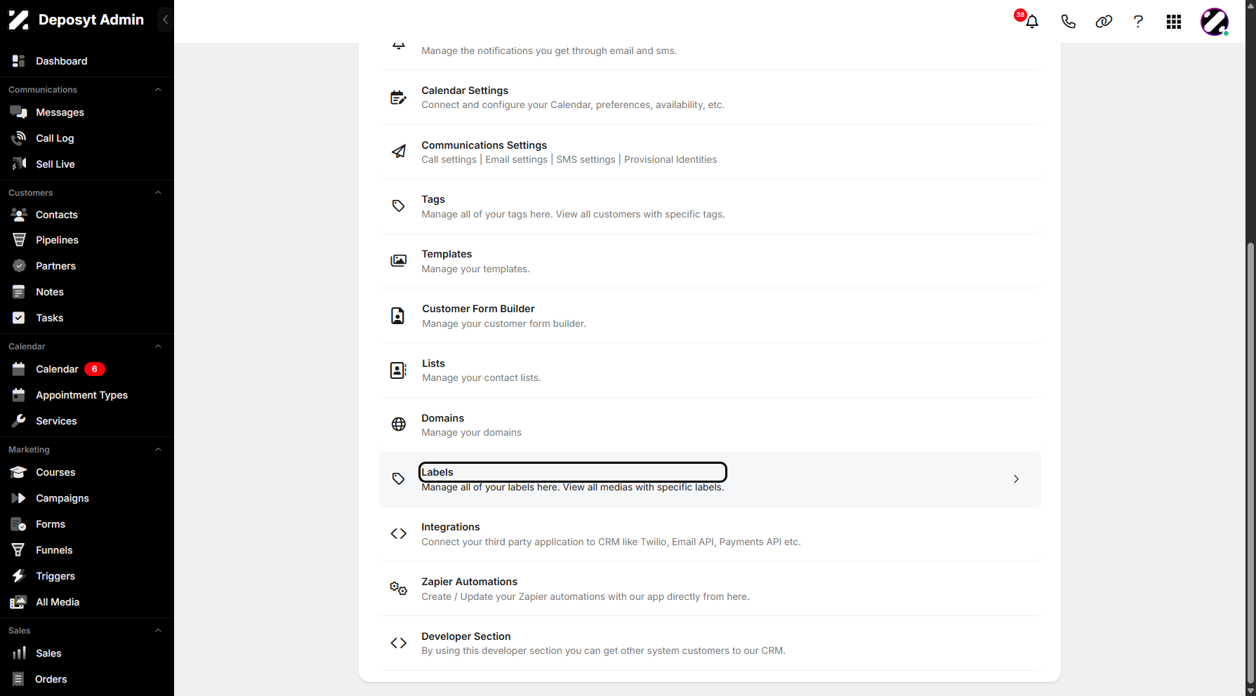 Step 3: You will then be taken to the Settings page. Scroll down and click on Labels to continue.