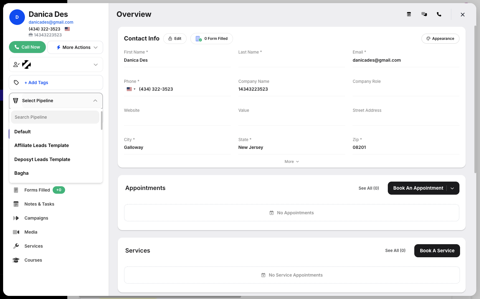 Step 4: To add the customer to a pipeline, click the Select Pipeline dropdown button.