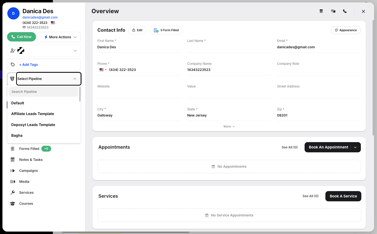 Step 4: To add the customer to a pipeline, click the Select Pipeline dropdown button.