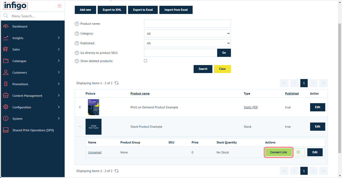 Navigate to the Product Management screen, select a product and click the Connect Link icon within the Product Variant table
