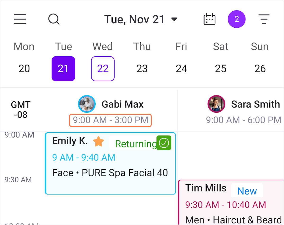New working hours will appear next to the service provider in the calendar.