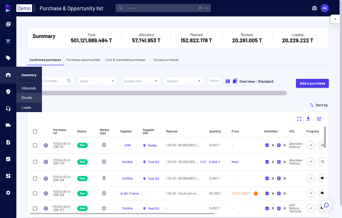 Access the 'Stocks' page under the 'Inventory' menu