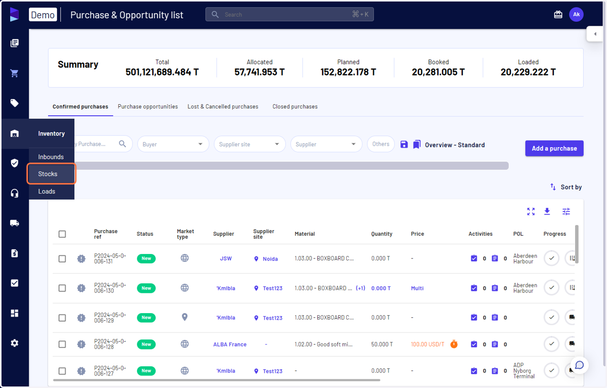 Access the 'Stocks' page under the 'Inventory' menu