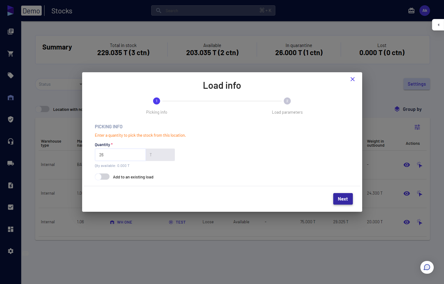 Specify the quantity and click on 'Next'