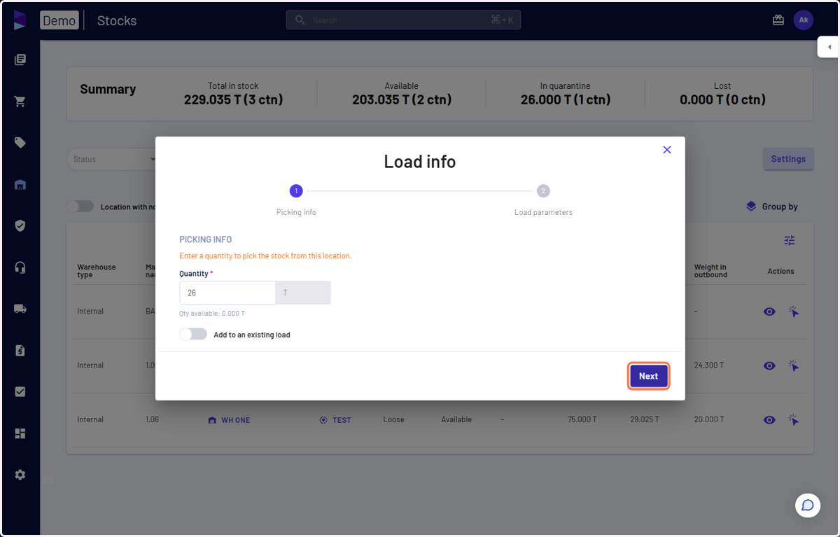 Specify the quantity and click on 'Next'