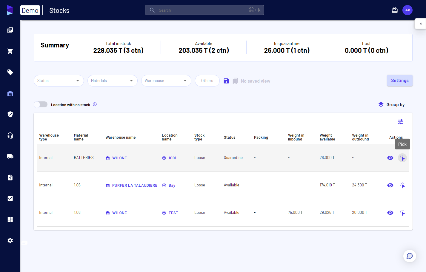 Click on 'Pick' for the stock you want to create outbound load(s)