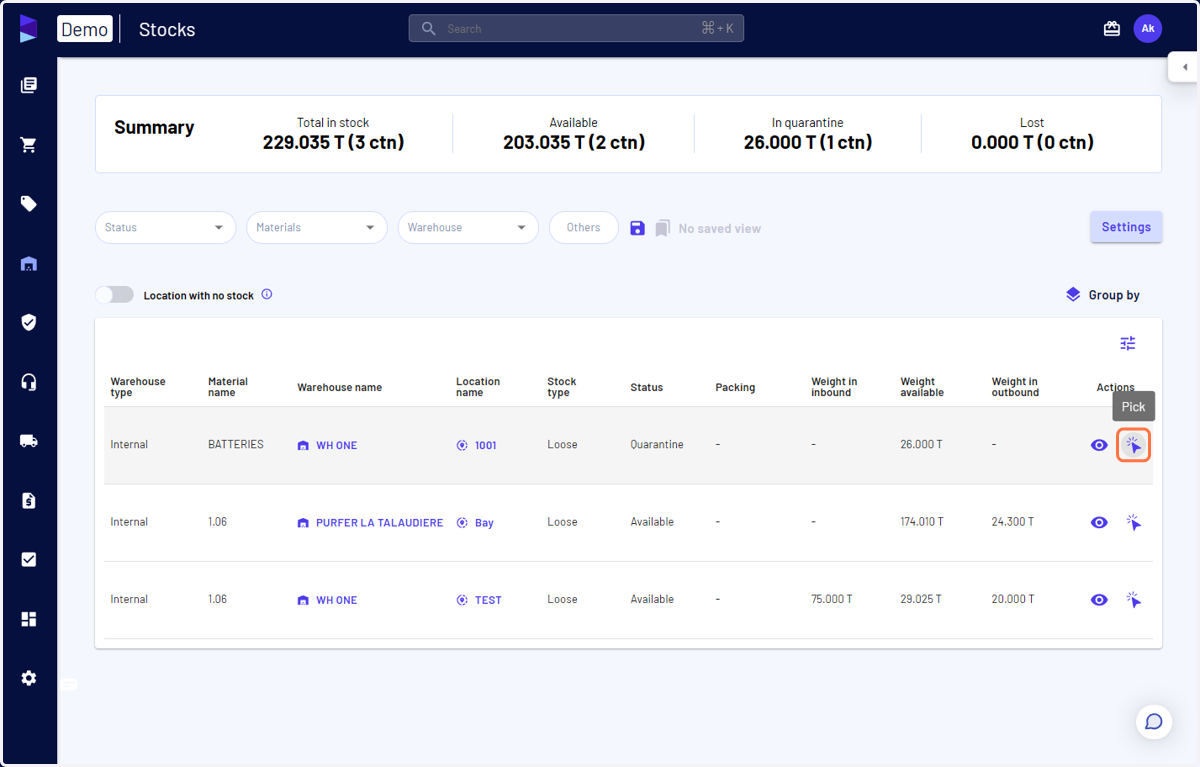Click on 'Pick' for the stock you want to create outbound load(s)