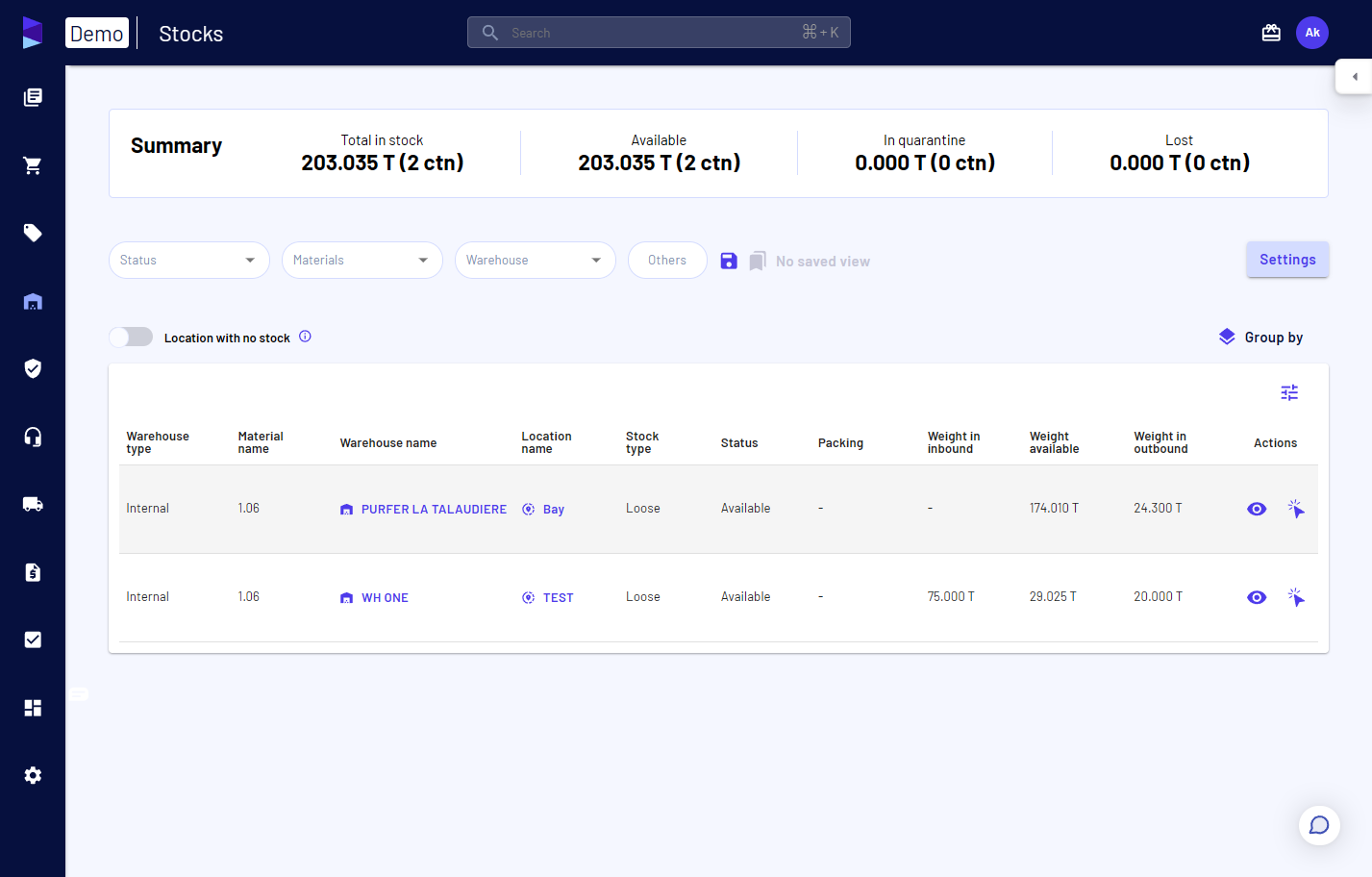 Alternatively, on the stocks page, you can also click on the material row to open the menu