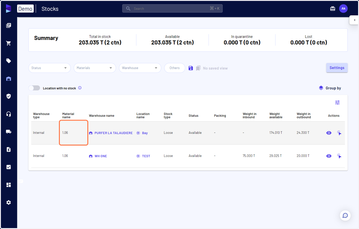 Alternatively, on the stocks page, you can also click on the material row to open the menu