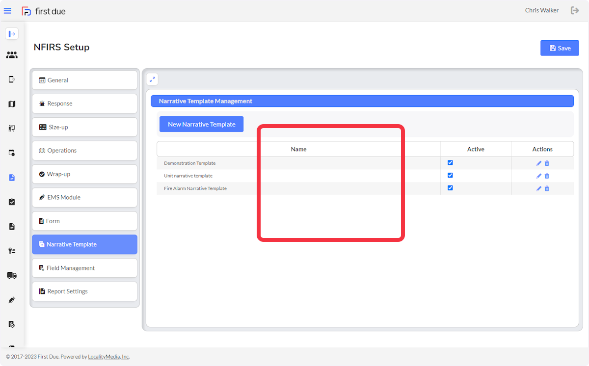 Use the checkboxes to activate or deactivate a template. Deactivating a template prevents its use during documentation.