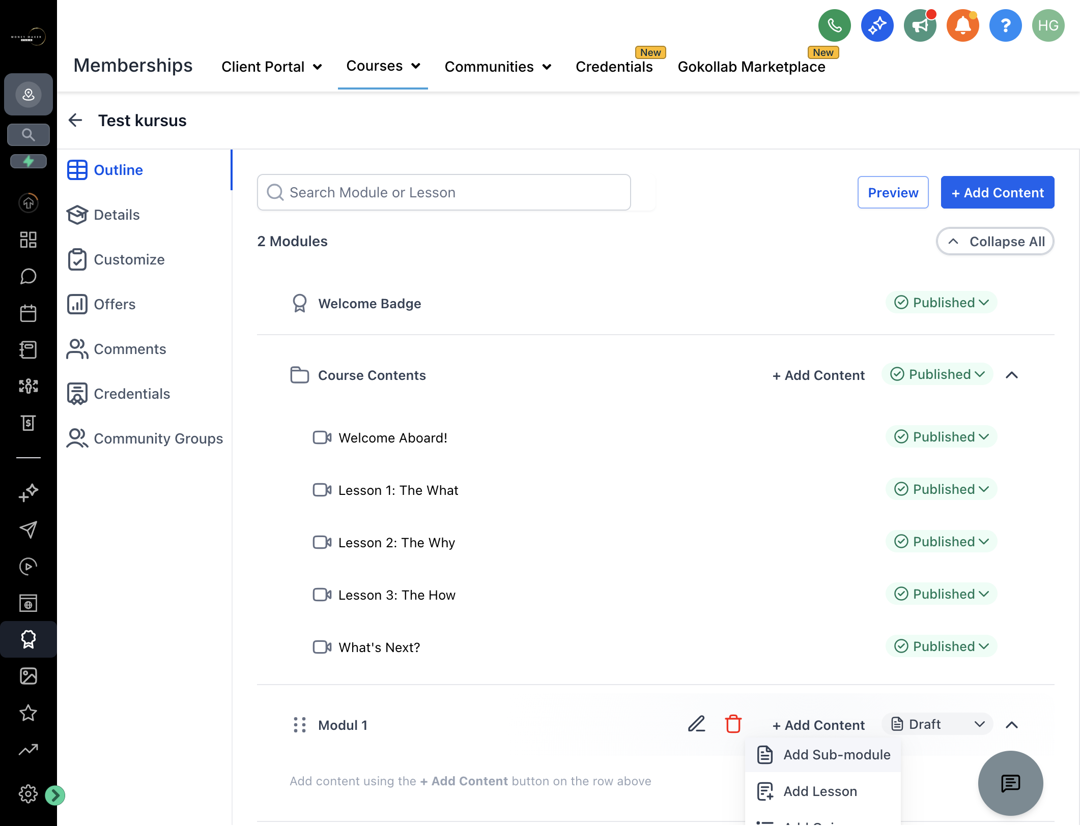 Tilføj en undermappe - Klik på "Add Content", vælg "Add Sub-module"