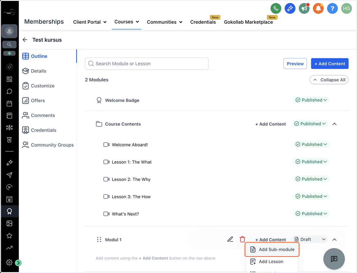 Tilføj en undermappe - Klik på "Add Content", vælg "Add Sub-module"