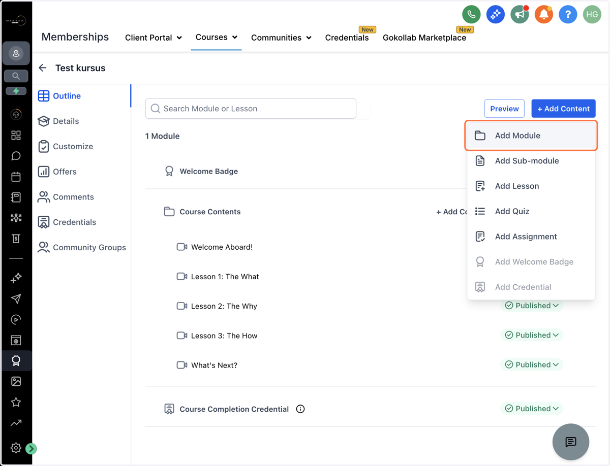 Tilføj en mappe, klik på "Add Module"