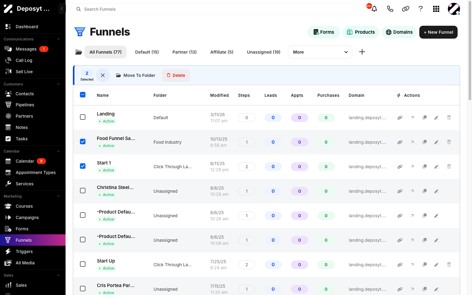 Step 4: New options appear at the top to perform bulk actions, such as Move to Folder and Delete. Select the bulk action you want to perform, and it will be applied to all selected funnels.