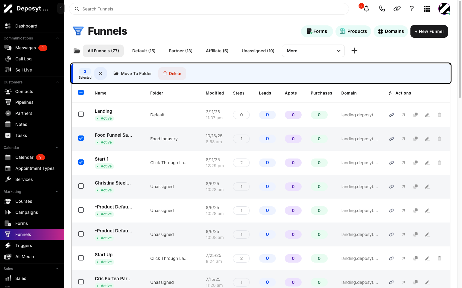 Step 4: New options appear at the top to perform bulk actions, such as Move to Folder and Delete. Select the bulk action you want to perform, and it will be applied to all selected funnels.