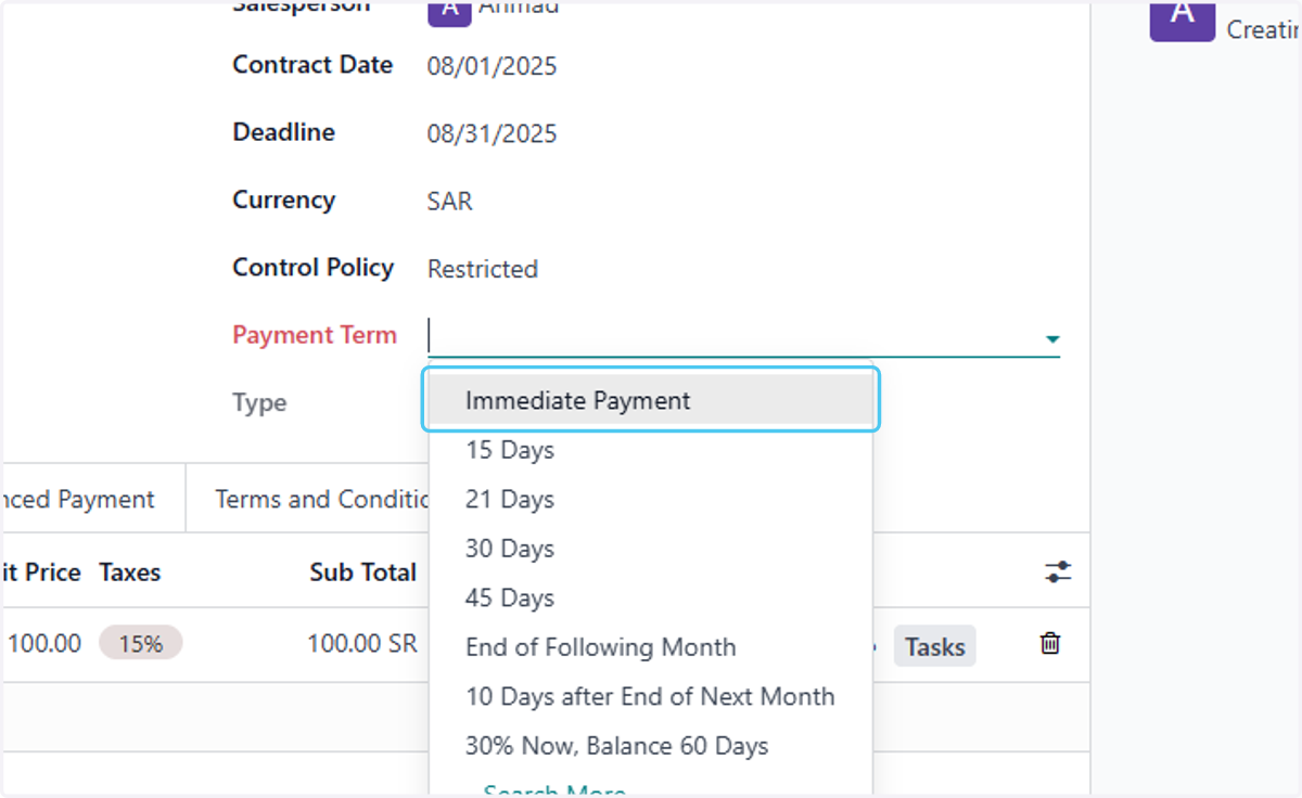 select the payment terms