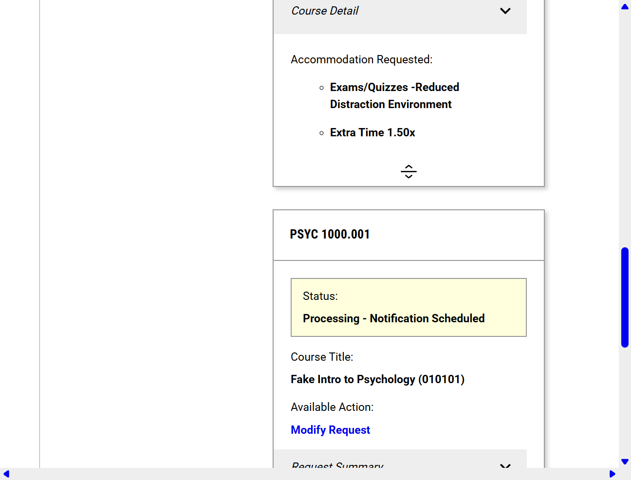This screen will show you that your accommodation request is processing and the notification to the instructor is pending.