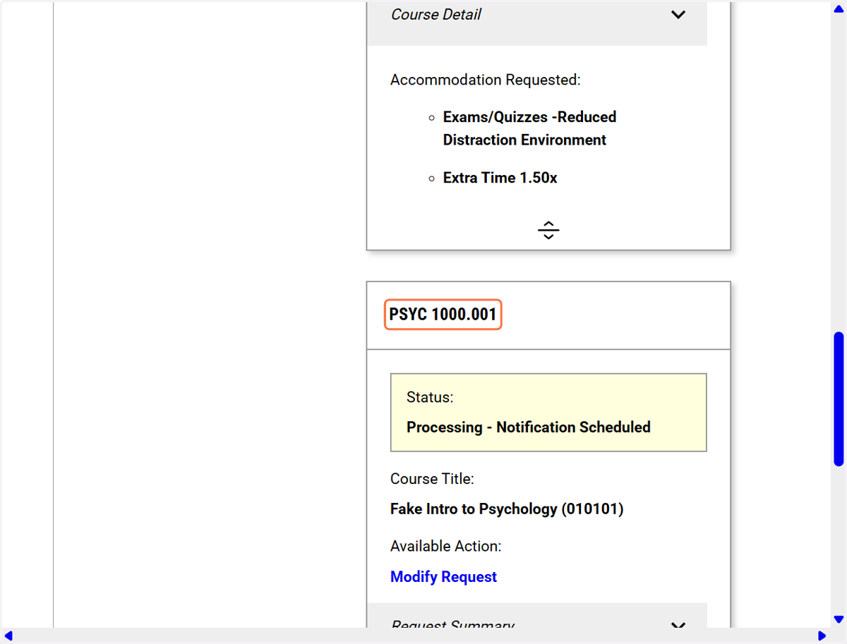 This screen will show you that your accommodation request is processing and the notification to the instructor is pending.