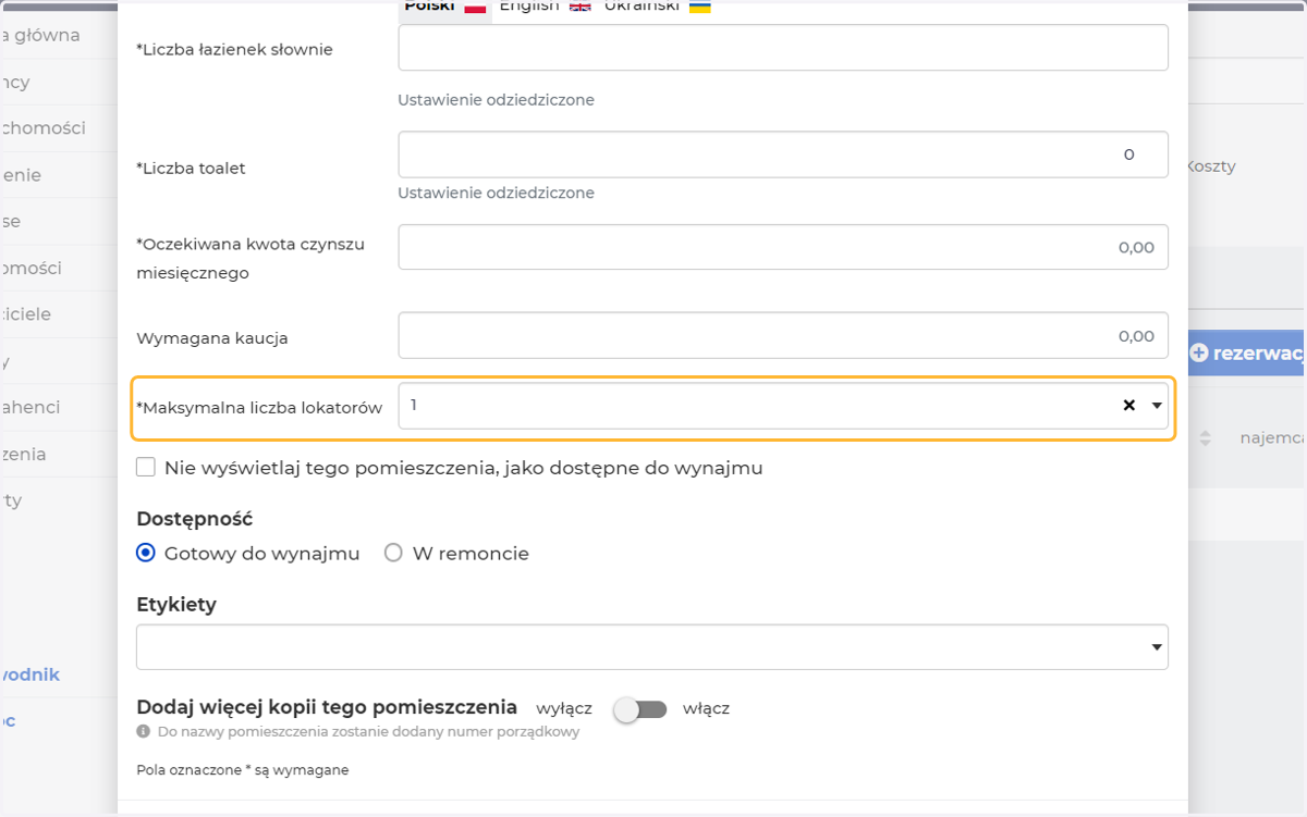 Maksymalna liczba lokatorów, to liczba osób, które mogą być zakwaterowane w tym pomieszczeniu