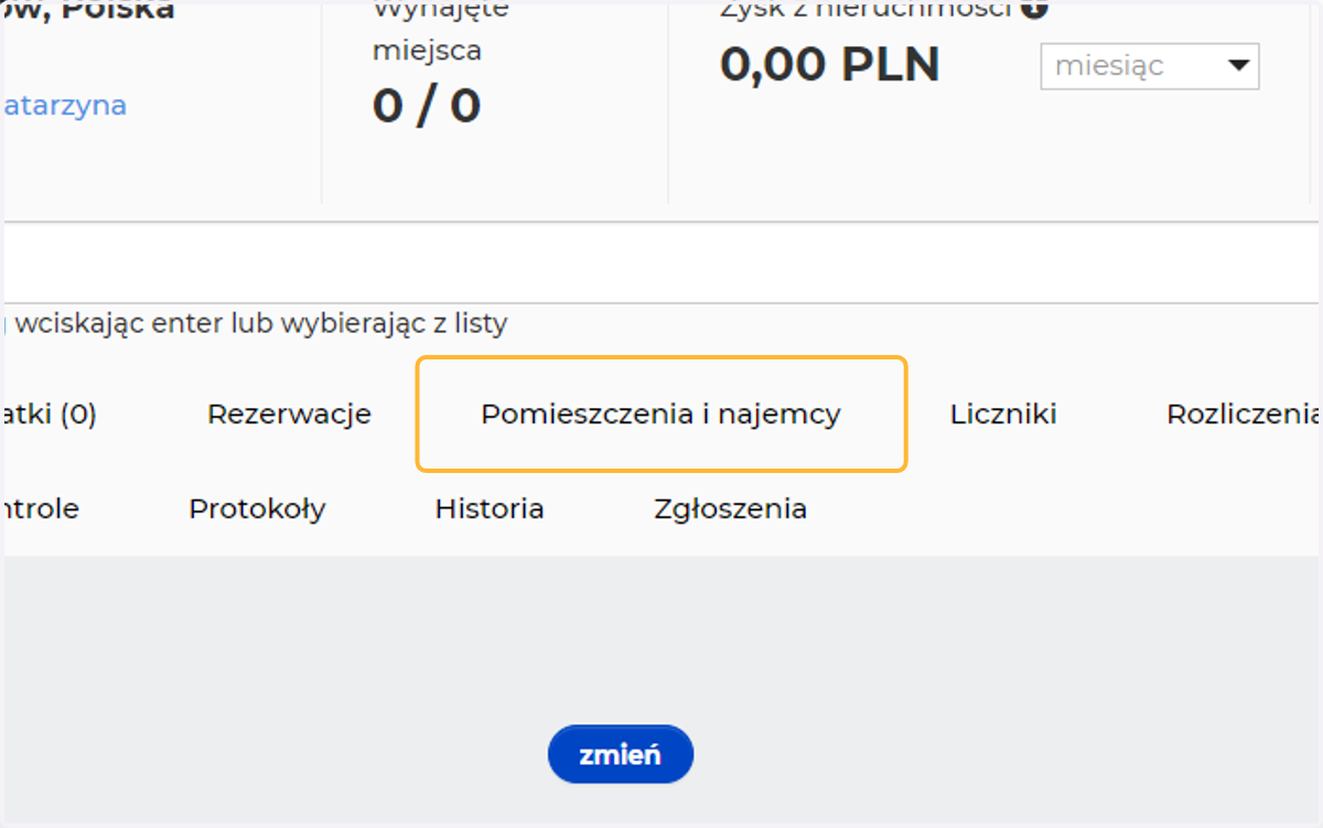 W zakładce Pomieszczenia i najemcy dodaj pomieszczenia