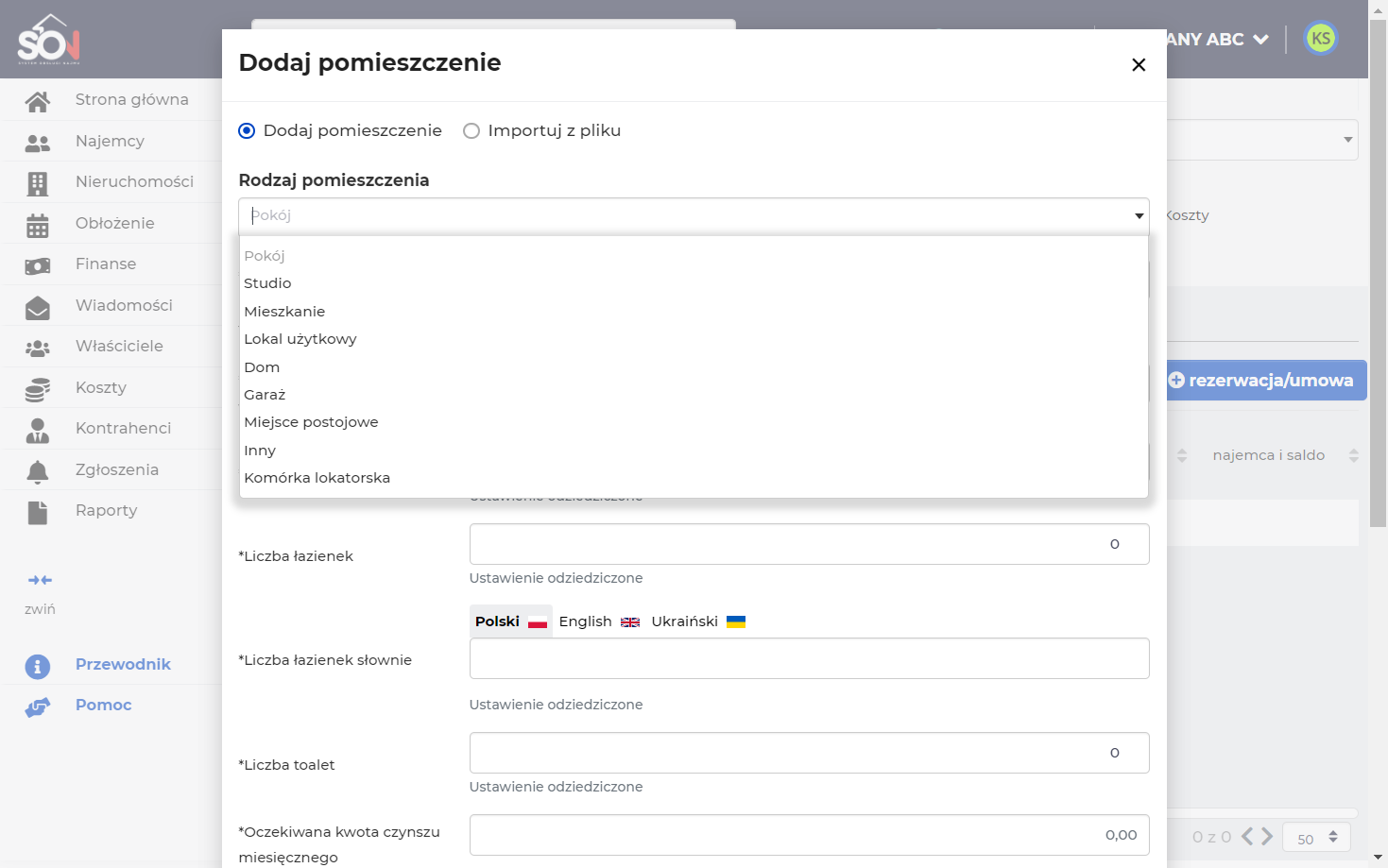 Wybierz rodzaj dodawanego pomieszczenia