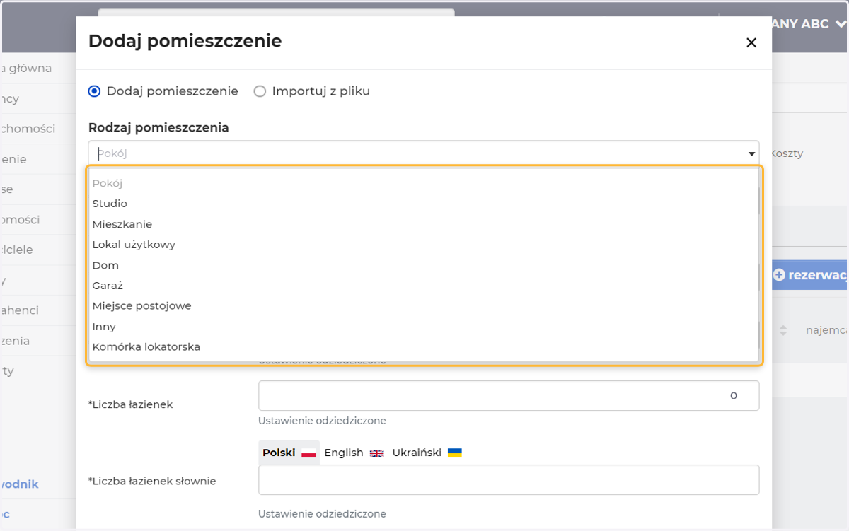 Wybierz rodzaj dodawanego pomieszczenia