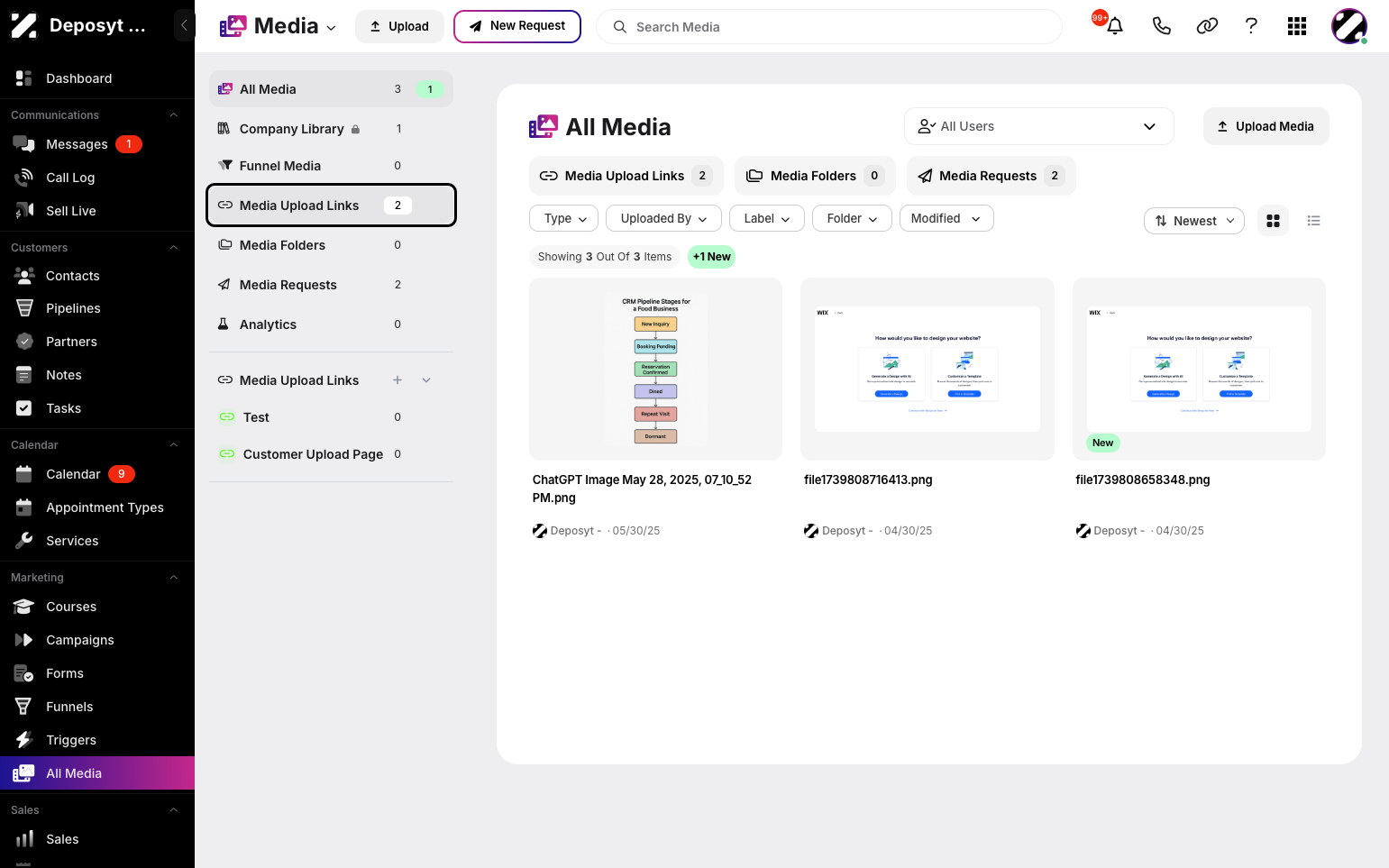 Step 3: Click the Media Upload Links button in the side menu to open the section and access your uploaded media.