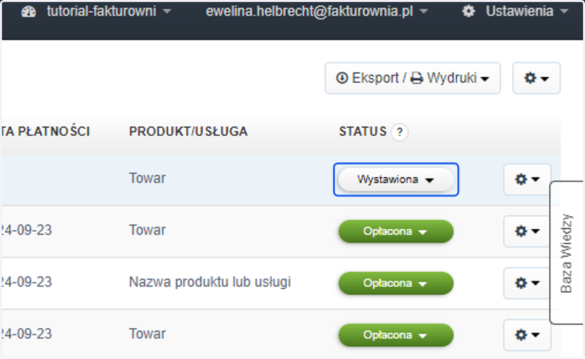 Jeśli chcesz zmienić status faktury, kliknij w Wystawiona.