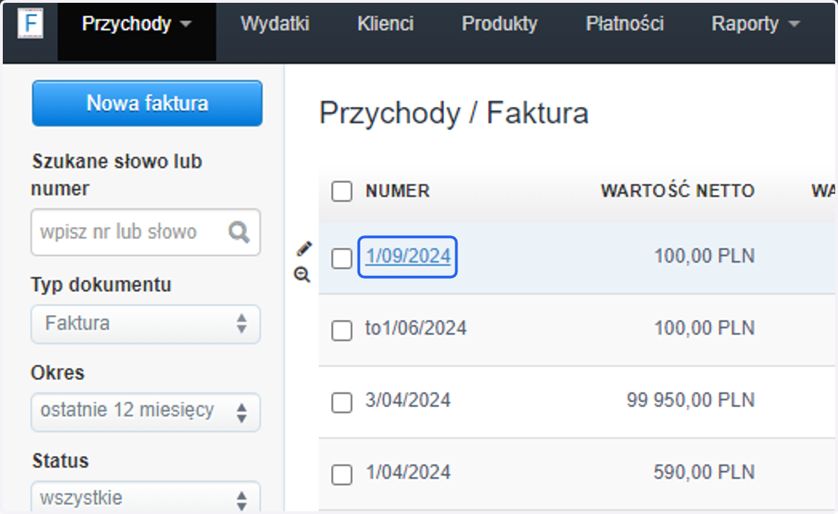 Kliknij w numer dokumentu, aby przejść do podglądu faktury.