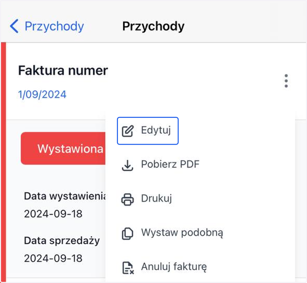Stuknij w Edytuj, przechodząc do formularza faktury.