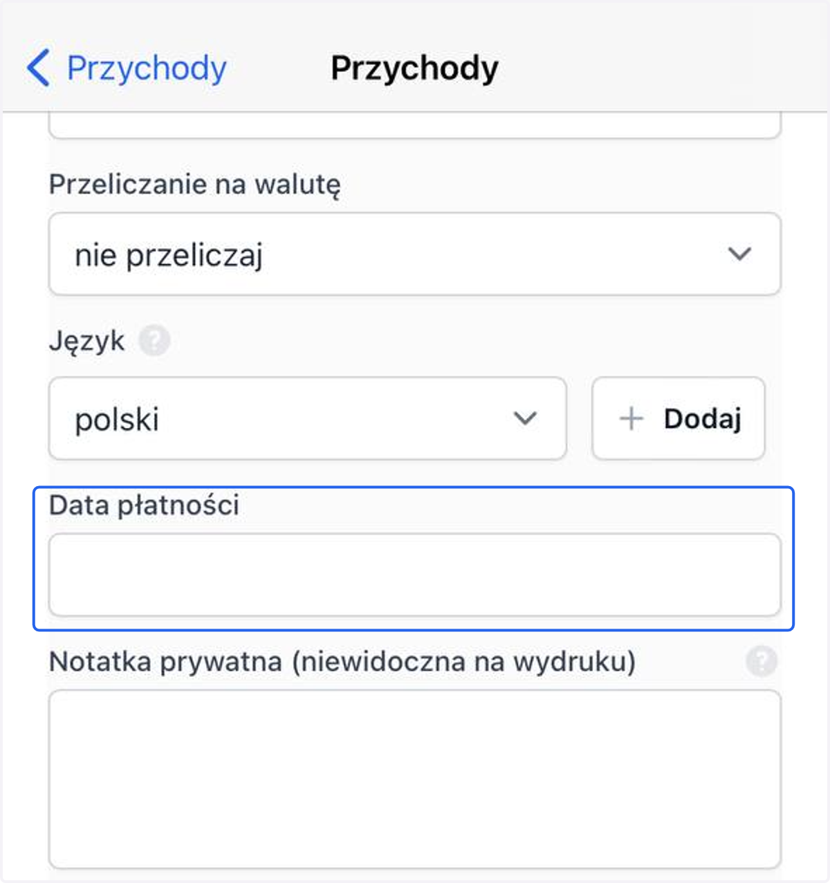Znajdź opcję Data płatności.