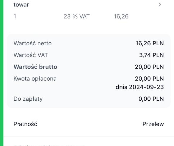 Data płatności jest już widoczna na fakturze, a status dokumentu zmienił się na Opłacona, o czym świadczy widoczna z lewej strony zielona belka.
