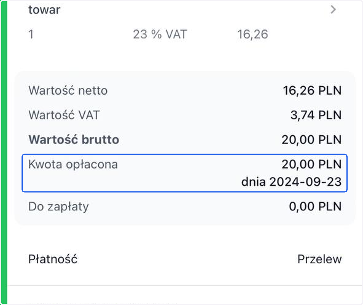 Data płatności jest już widoczna na fakturze, a status dokumentu zmienił się na Opłacona, o czym świadczy widoczna z lewej strony zielona belka.