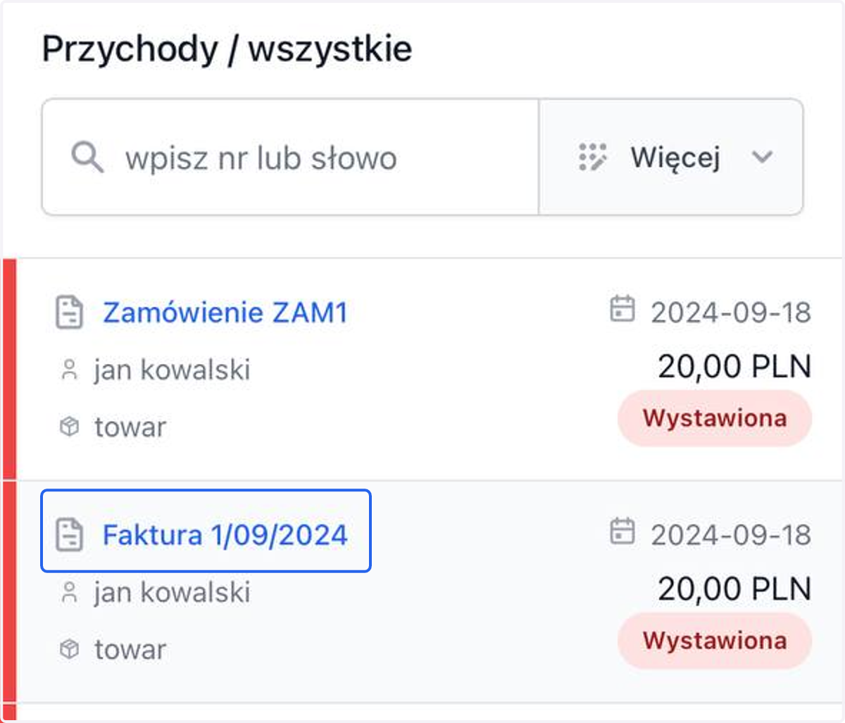 Wybierz dokument, dla którego chcesz ustawić datę płatności.
