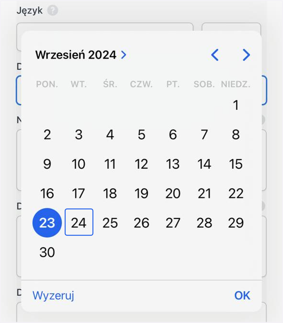 Wybierz datę z kalendarza i wciśnij OK.