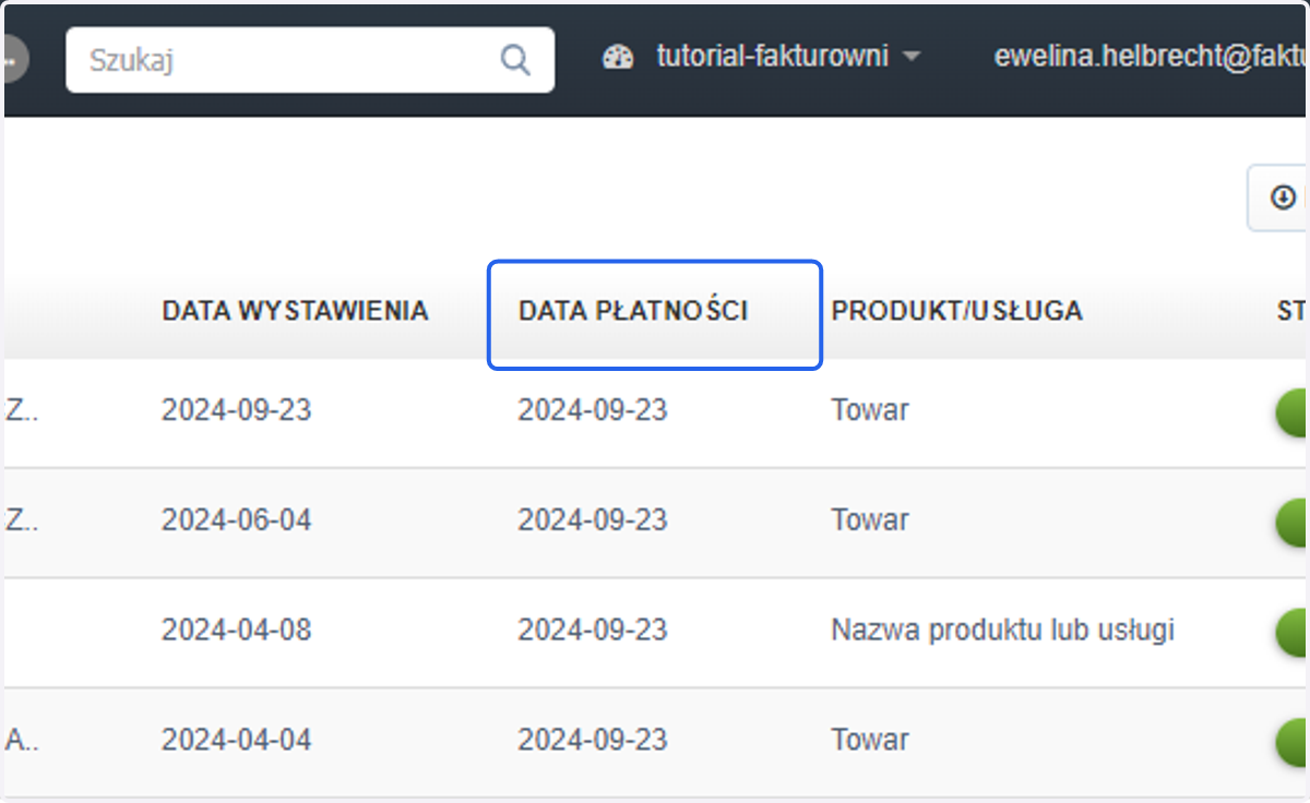Teraz kolumna DATA PŁATNOŚCI jest widoczna na liście faktur.