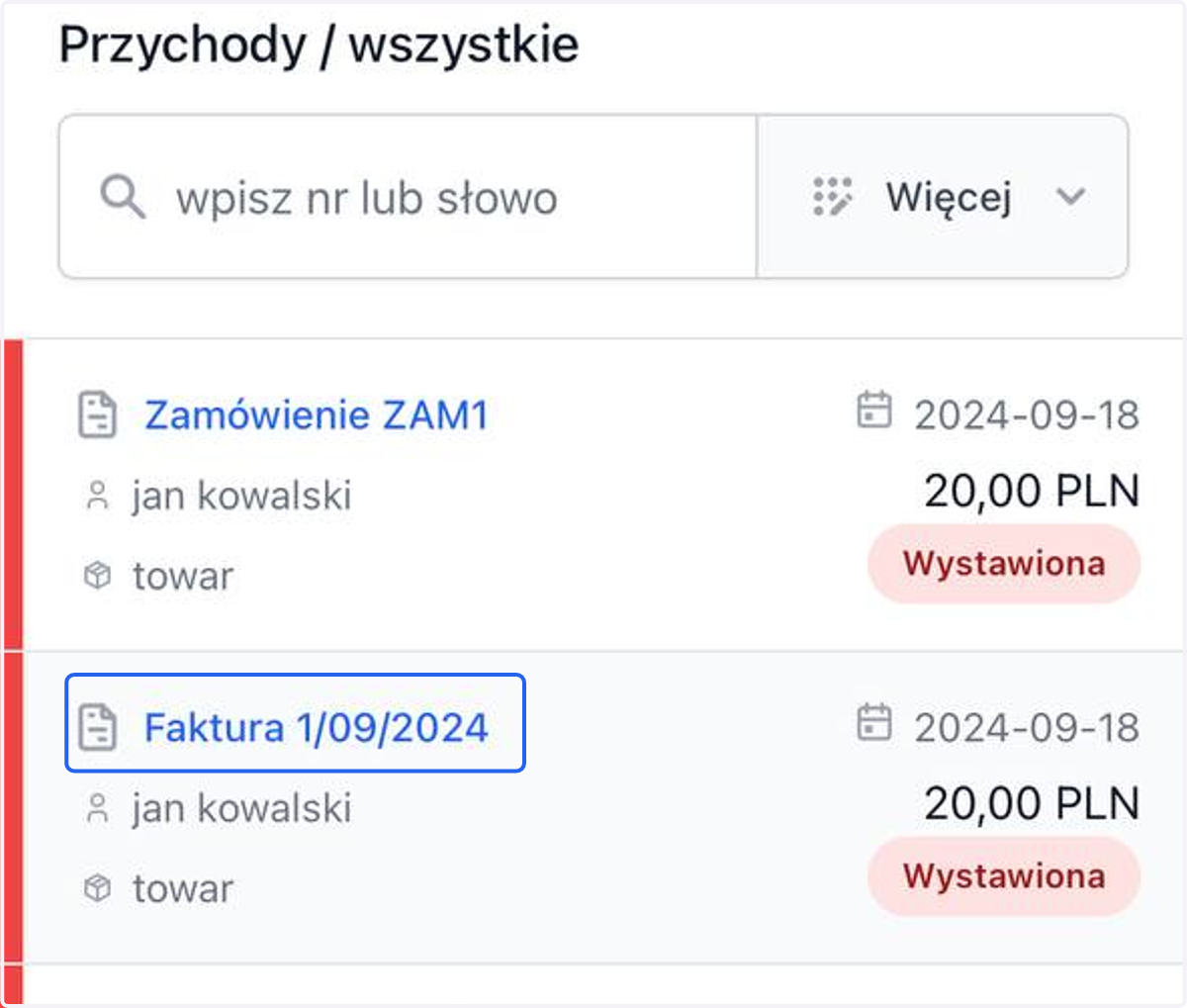 Wybierz dokument z listy.