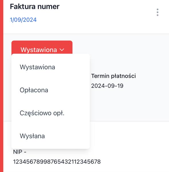 Rozwiń opcję Wystawiona i zmień status na Opłacona.