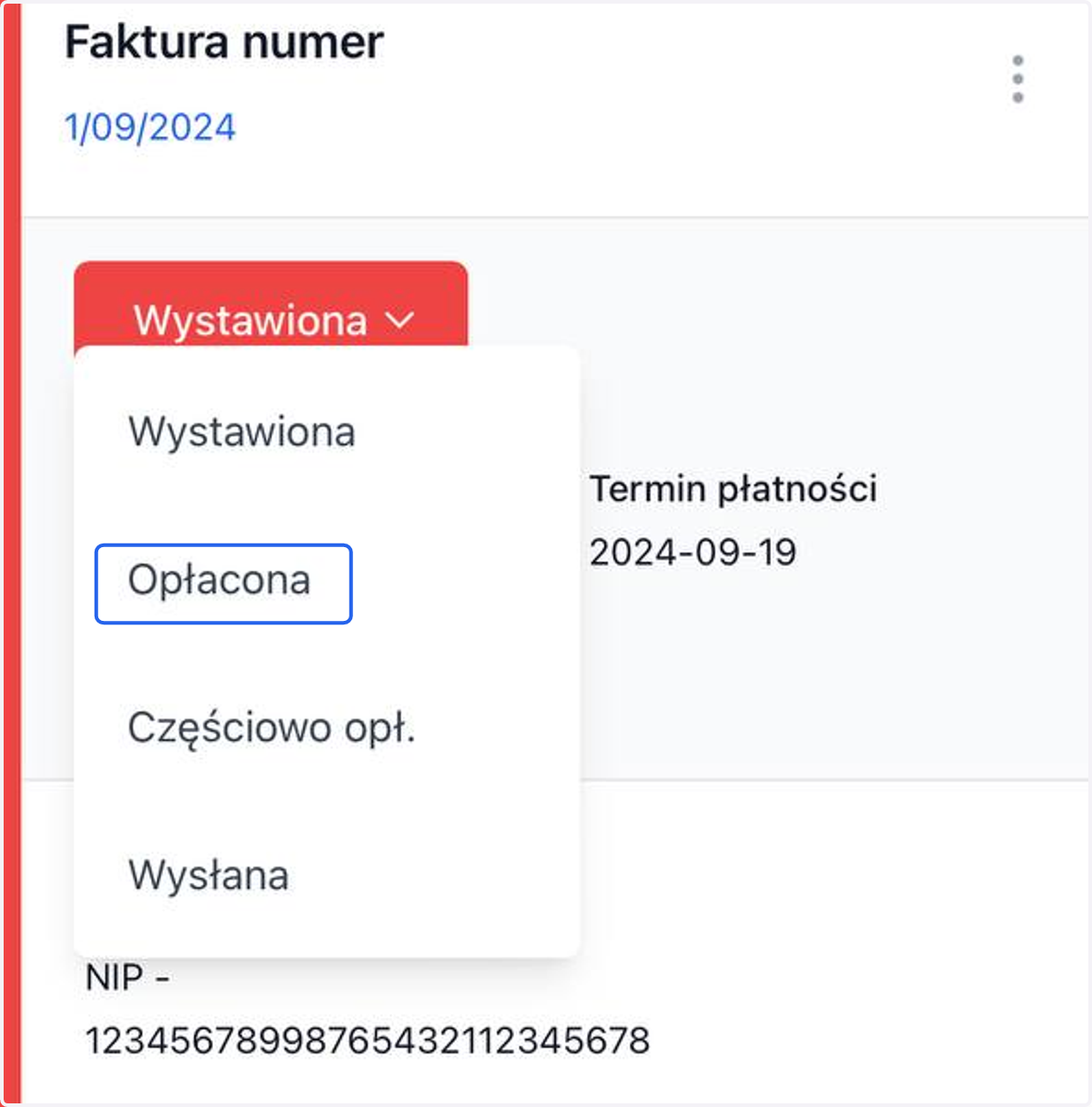 Rozwiń opcję Wystawiona i zmień status na Opłacona.