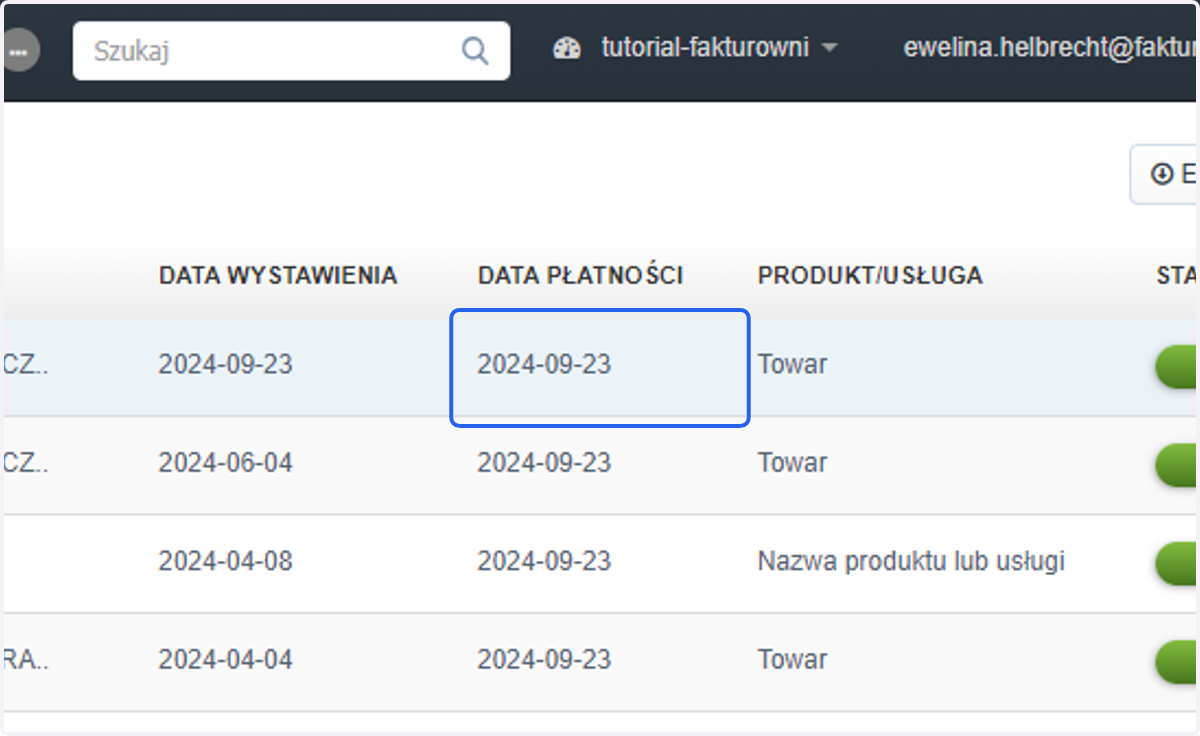 Po odświeżeniu strony Data płatności automatycznie doda się. Będzie ona zgodna z dniem zmiany statusu z Wystawiona na Opłacona.