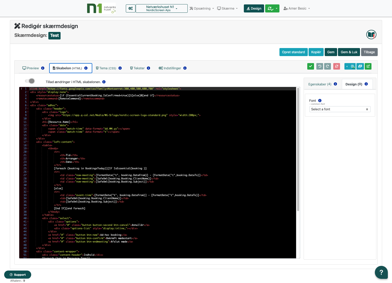 HTML code editor for 'Test' screen design showing the source code with syntax highlighting, including links to fonts and image resources, and dynamic content placeholders.