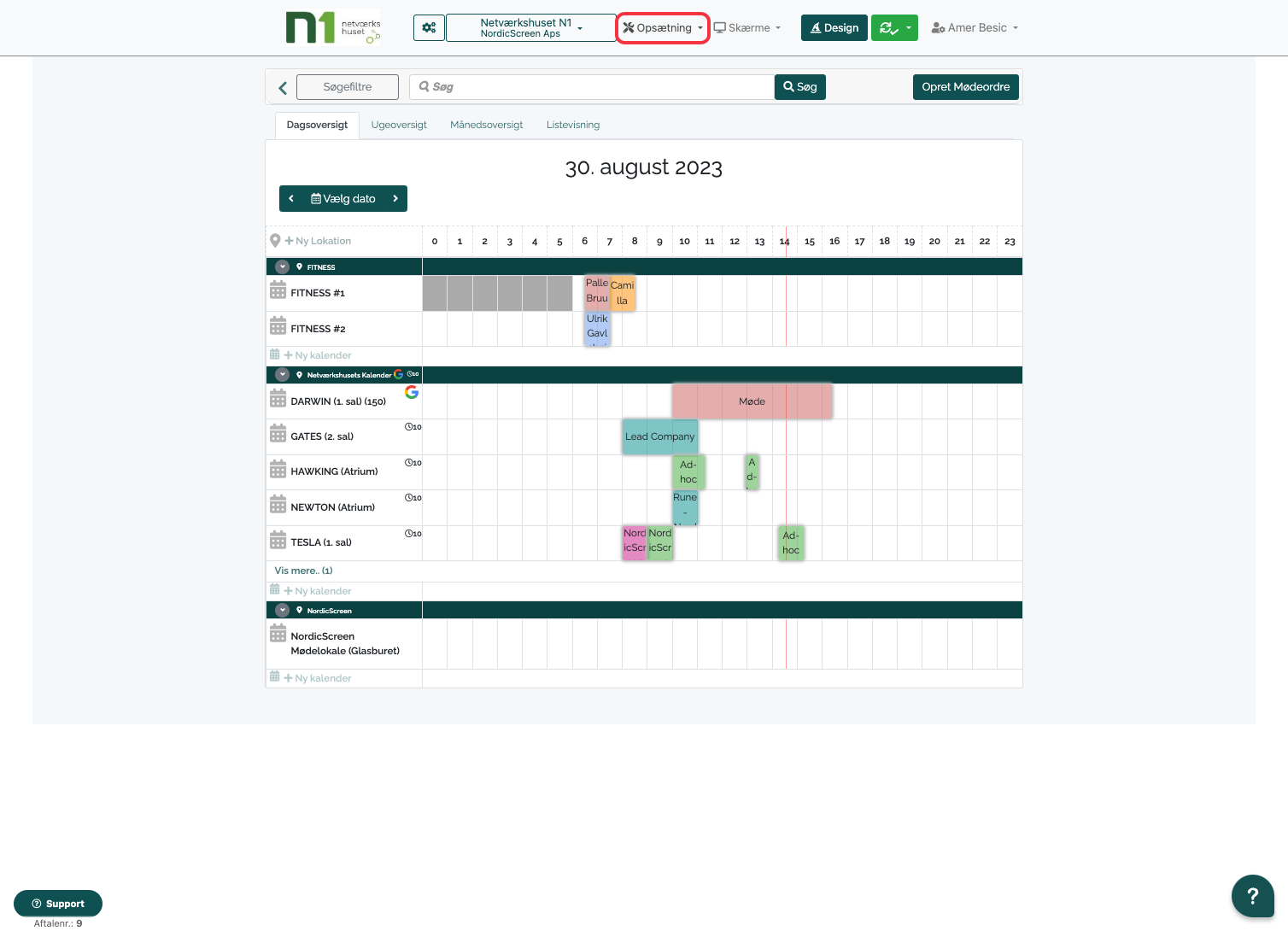 Calendar schedule interface showing bookings for various rooms and locations on August 30, 2023, with options for different views and settings.