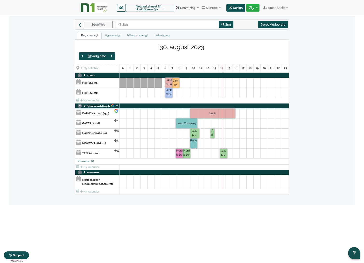 Calendar schedule interface showing bookings for various rooms and locations on August 30, 2023, with options for different views and settings.