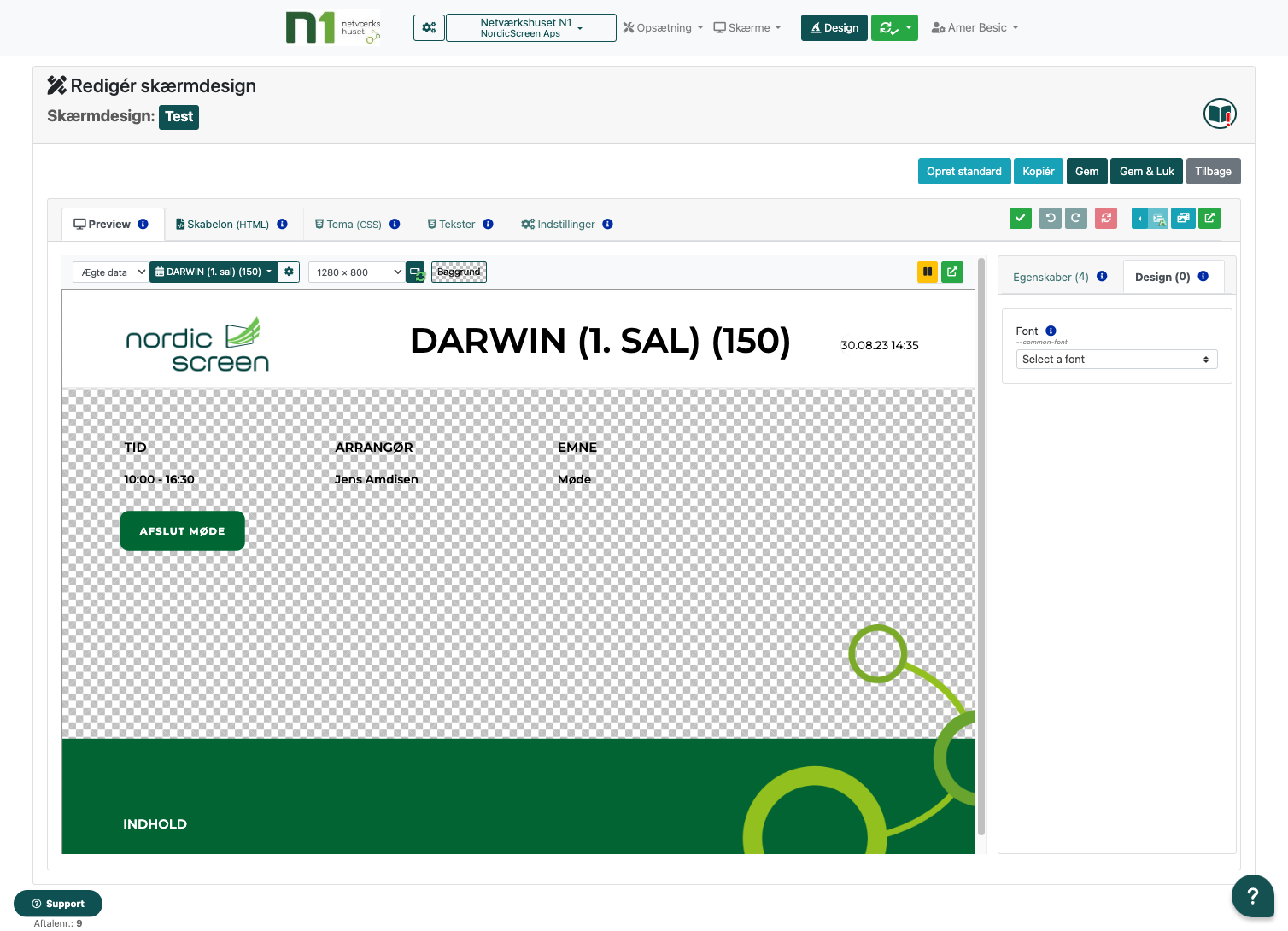 Interface for editing a screen design template named 'Test' with layout preview showing a meeting room schedule for 'DARWIN (1. SAL)' with sample text fields.