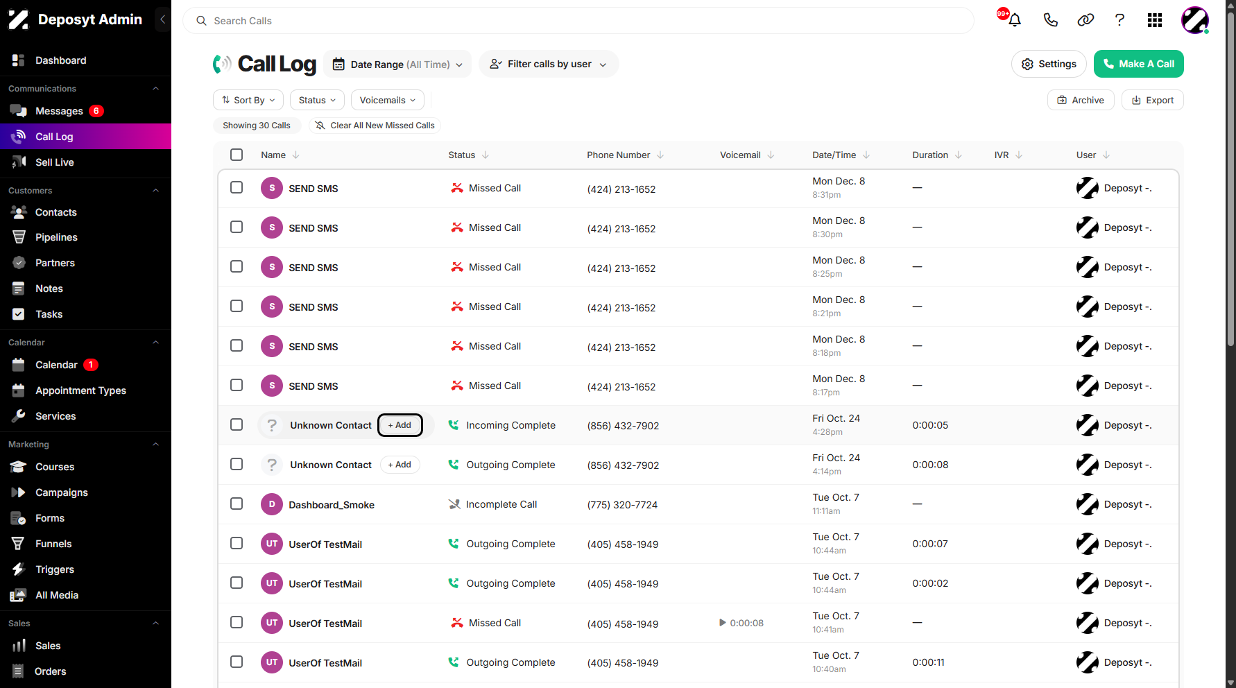 Step 3: Select the unknown contact from the Call Log entries and click on the +Add button.
