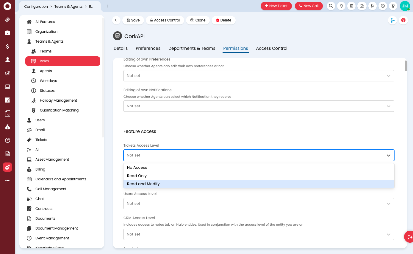 Select "Read and Modify" for Feature Access > Tickets Access Level